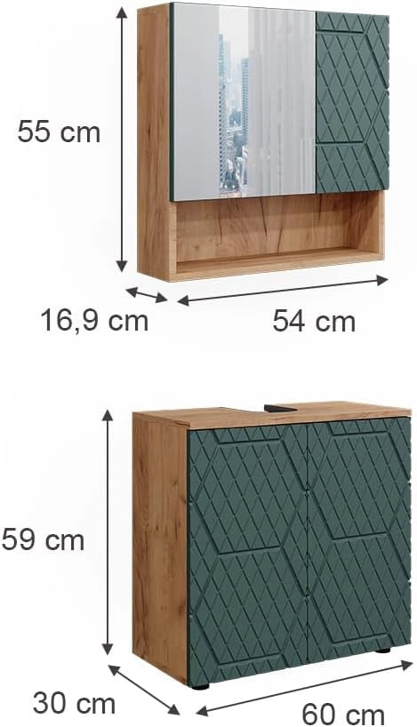 Set mobili bagno Irma, Quercia verde/oro, 2 parti, base 60 cm, composto da specchio da bagno e mobile sottolavabo