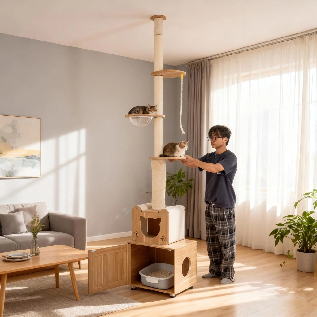 Tiragraffi alto a soffitto, altezza 256 – 275 cm, con armadietto per gatti, grotta, capsula stanza, colonna tiragraffi e corda in sisal, tenditore regolabile in altezza, albero da arrampicata