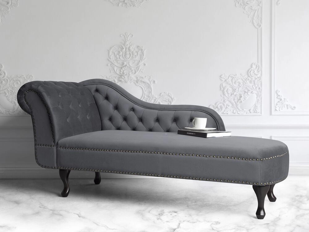 Chaise longue Grigio versione sinistra Velluto abbottonato testa chiodata