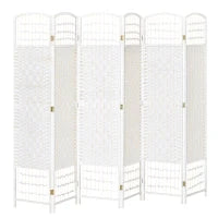 Separatore Ambienti 6 Pannelli Pieghevoli 242L x 170H cm Legno Di Pioppo Bambù Fibre Di Carta Intrecciata Bianco Paglia