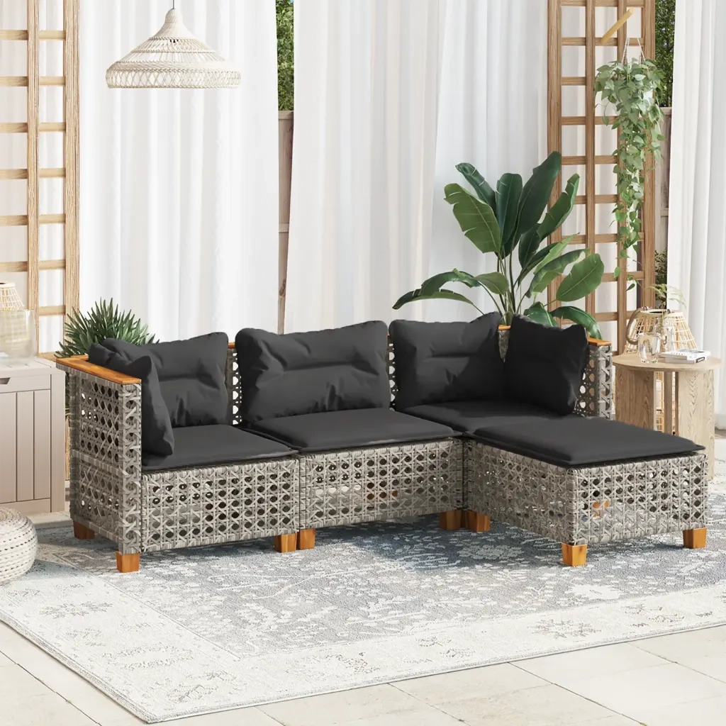 Set Divani da Giardino 4 pz | Set Salotto da Giardino con Cuscini in Polyrattan Grigio
