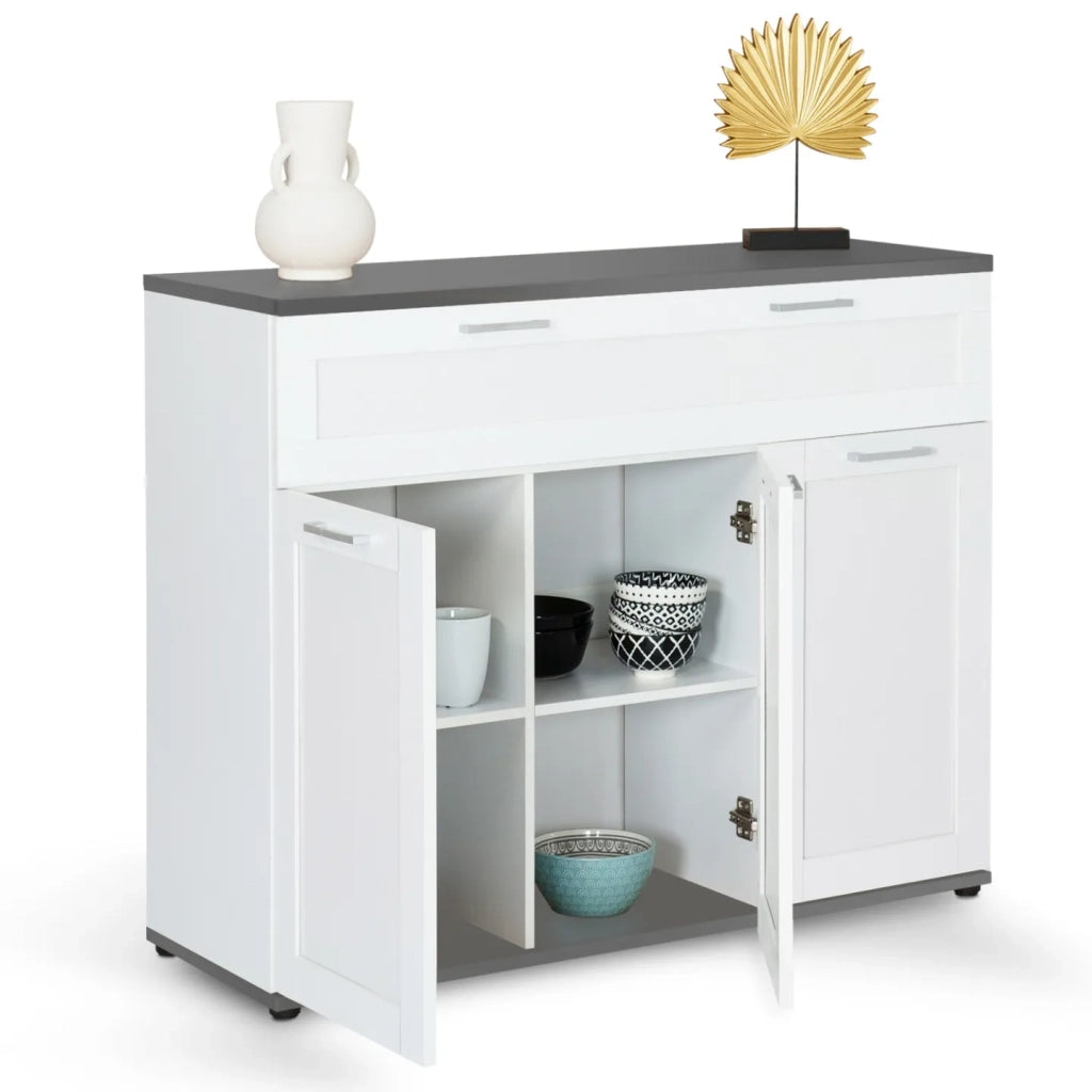 IDMarket - Aparador VITO con 3 puertas y 1 cajón, tapa blanca y gris 100 cm