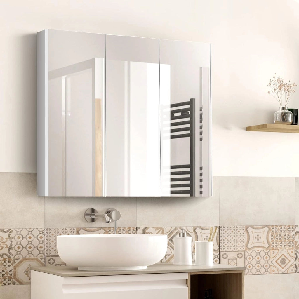 Mobile a Specchio per Bagno Armadietto Arredo con Specchio a Parete con 3 Ante e 2 Ripiani Regolabili in Altezza, Bianco, 90 x 11 x 65 cm