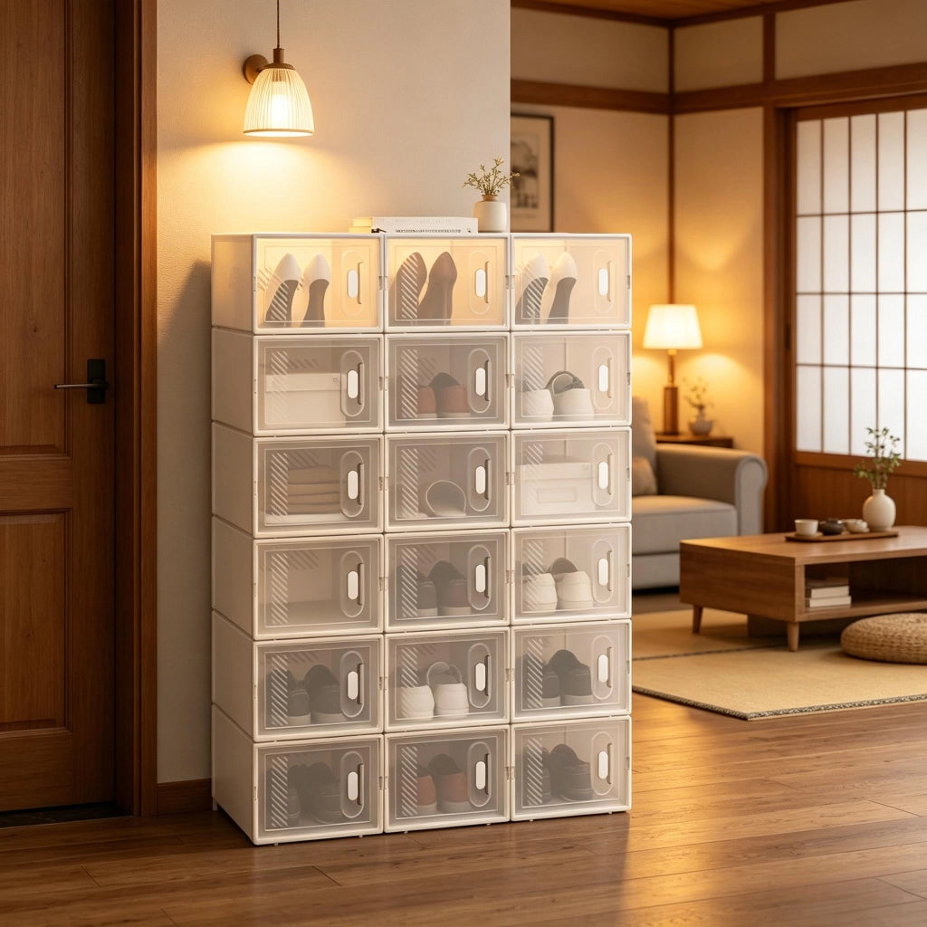 Set di 18 scatole porta scarpe impilabili in plastica trasparente e bianca, contenitori modulari salvaspazio con apertura frontale