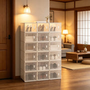 Set di 18 scatole porta scarpe impilabili in plastica trasparente e bianca, contenitori modulari salvaspazio con apertura frontale