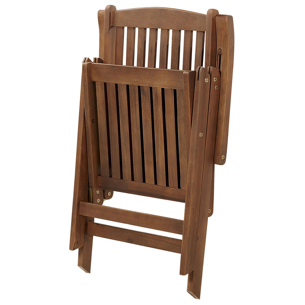 Set di 2 sedie da giardino in legno di acacia scuro naturale regolabili e pieghevoli per esterni con braccioli in stile rustico con cuscini blu