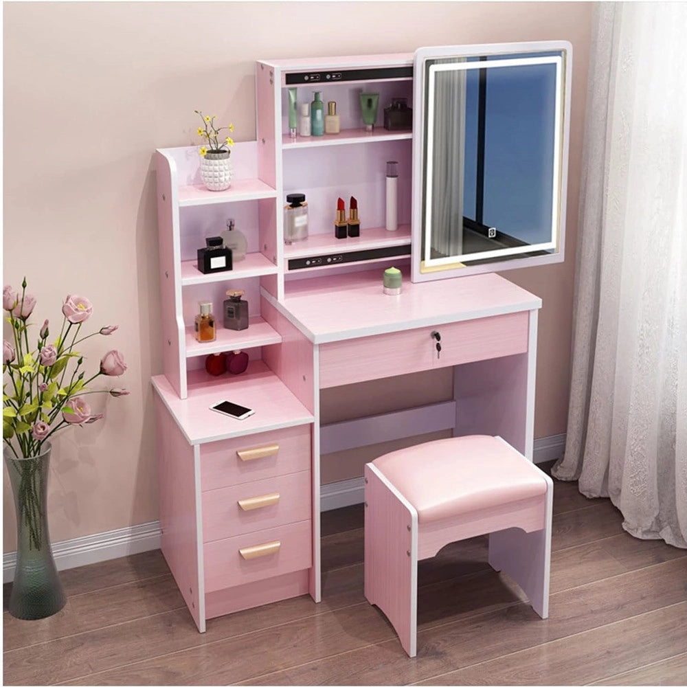 Trade Shop - Set Tavolo Da Toeletta Per Trucco Cosmetici Con Specchio Led Morbido Sgabello Cassetti -