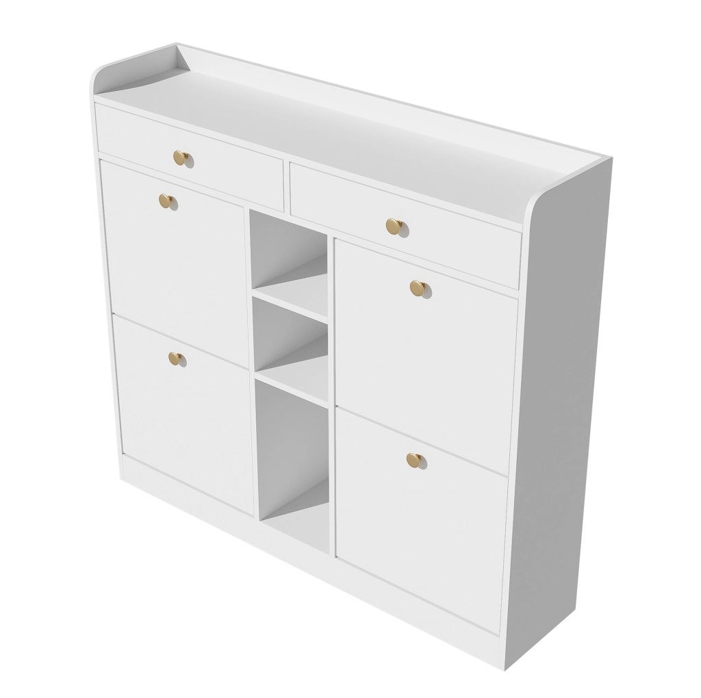 Scarpiera bianca con 4 ante a ribalta; 2 cassetti e 3 vani aperti; 110x26x100 cm