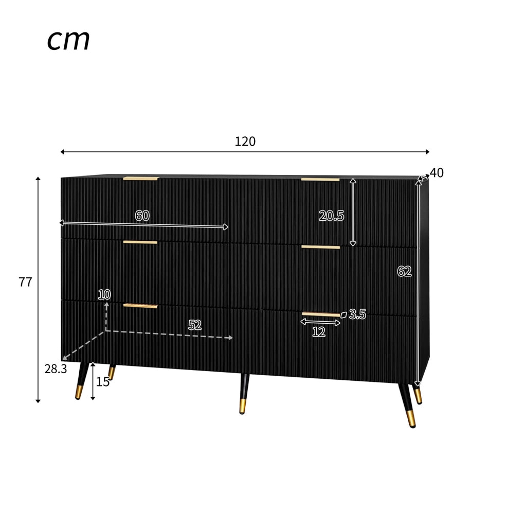 Sideboard moderno nero e oro con 6 cassetti, 120x77x40 cm, ampio spazio di archiviazione