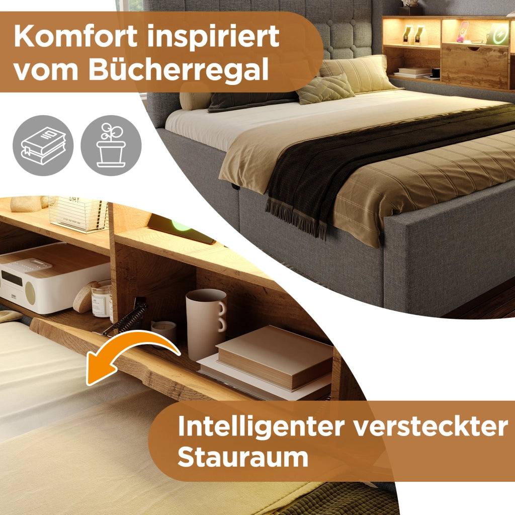 Letto con contenitore e letto estraibile lino metallo 90x200 cm