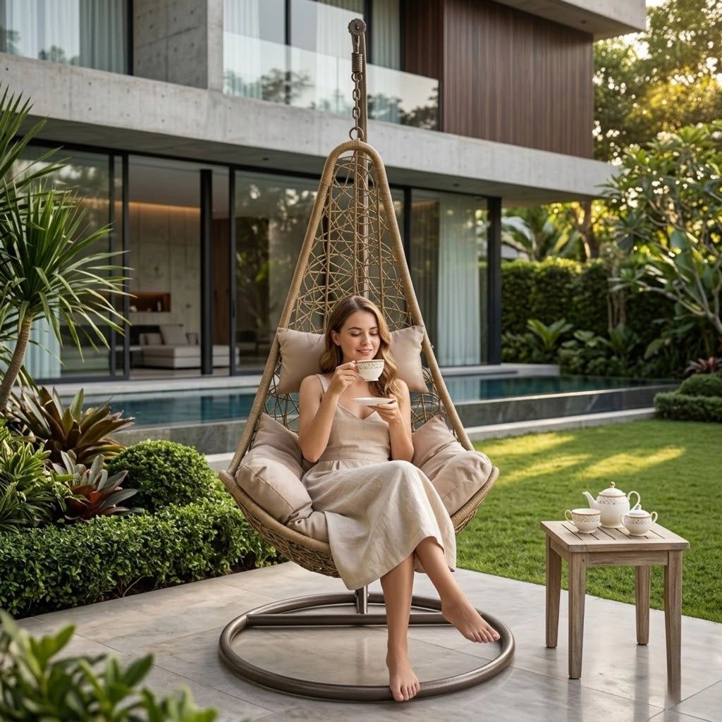 Poltrona Amaca Sospesa Con Telaio Indipendente In Metallo Seduta Ergonomica In Polyrattan E Cuscino Morbido Con Appoggiatesta Arredo Relax Per Giardino Patio Terrazzo E Balcone 105 x 195 Cm Beige
