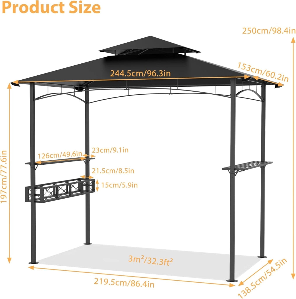 Gazebo da giardino, 244 x 138 x 250 cm, con bancone e tetto a doppio strato, per giardino, per feste, protezione dai raggi UV, colore: nero