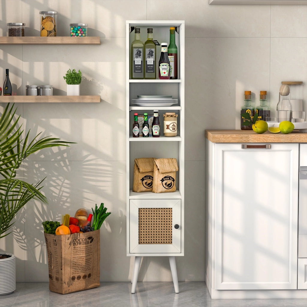 Armadietto boho con porta in rattan gambe in legno massello, Mobile sottile autonomo ripiano regolabile Bianco-Librerie