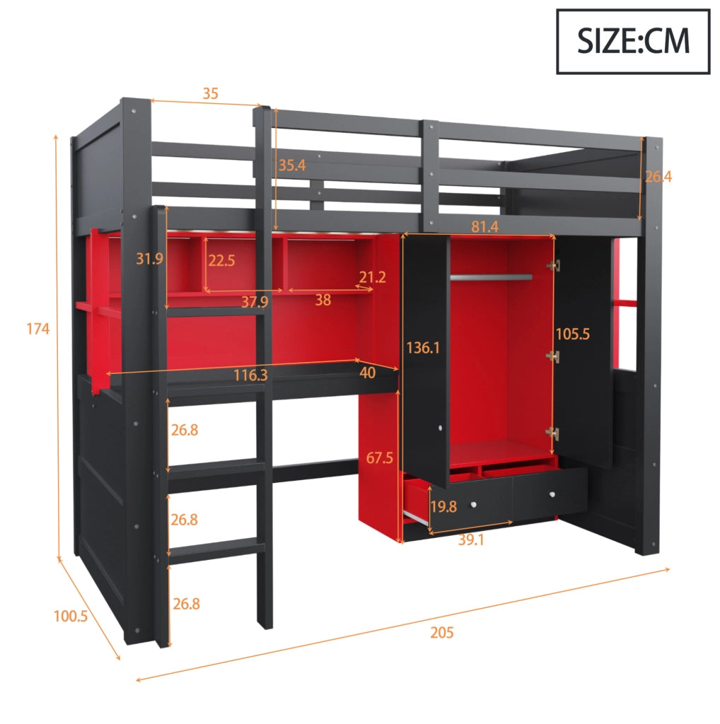 Hochbett in stile gaming 90x200 cm con scrivania; armadio e cassetti; nero rosso