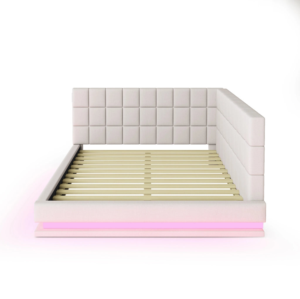 Divano letto imbottito 140x200 con LED, USB e rete a doghe