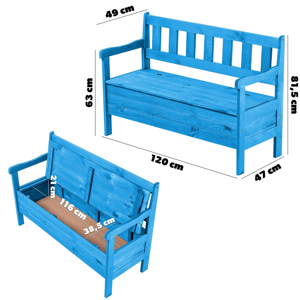 Panchina da giardino in legno KADAX con schienale, 120 cm, con contenitore, per terrazzo, balcone, giardino.