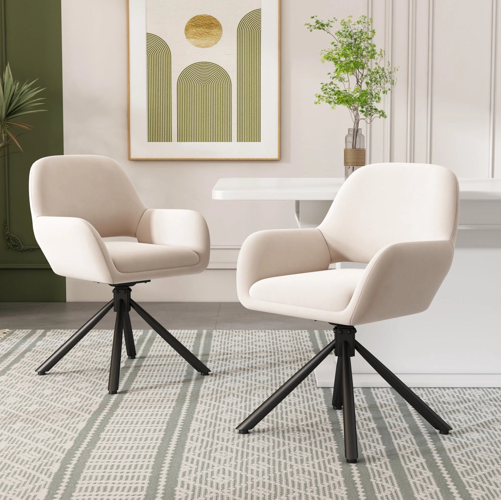 Set di 4 sedie da pranzo girevoli con braccioli in velluto e metallo beige