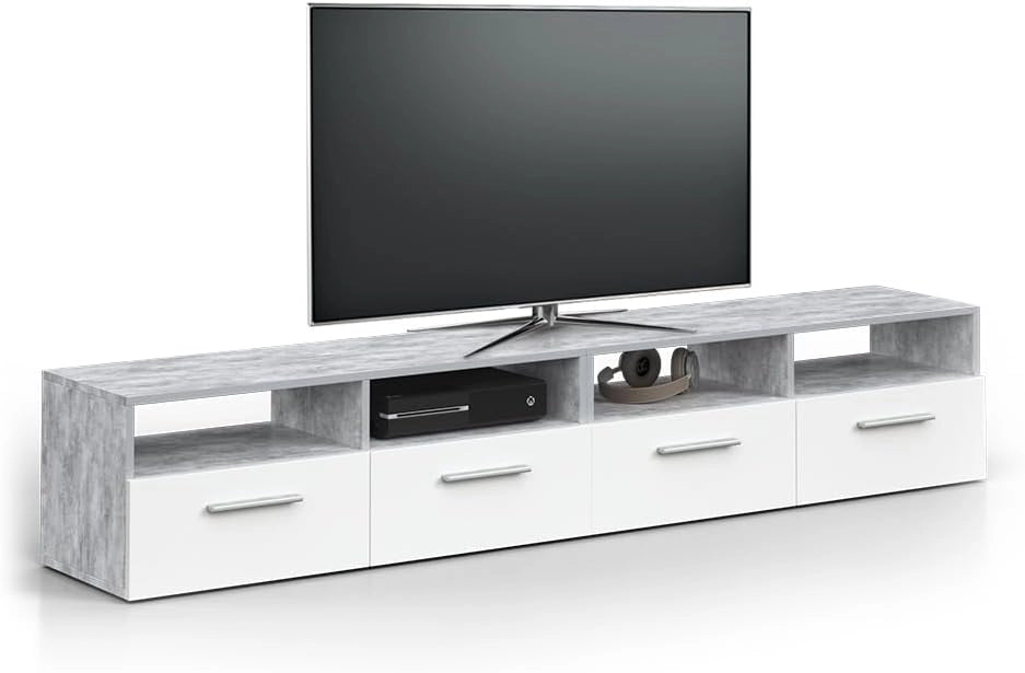 Mobile tv Diego, Calcestruzzo, 190 x 38 cm, adatto come supporto TV con ripiani aperti