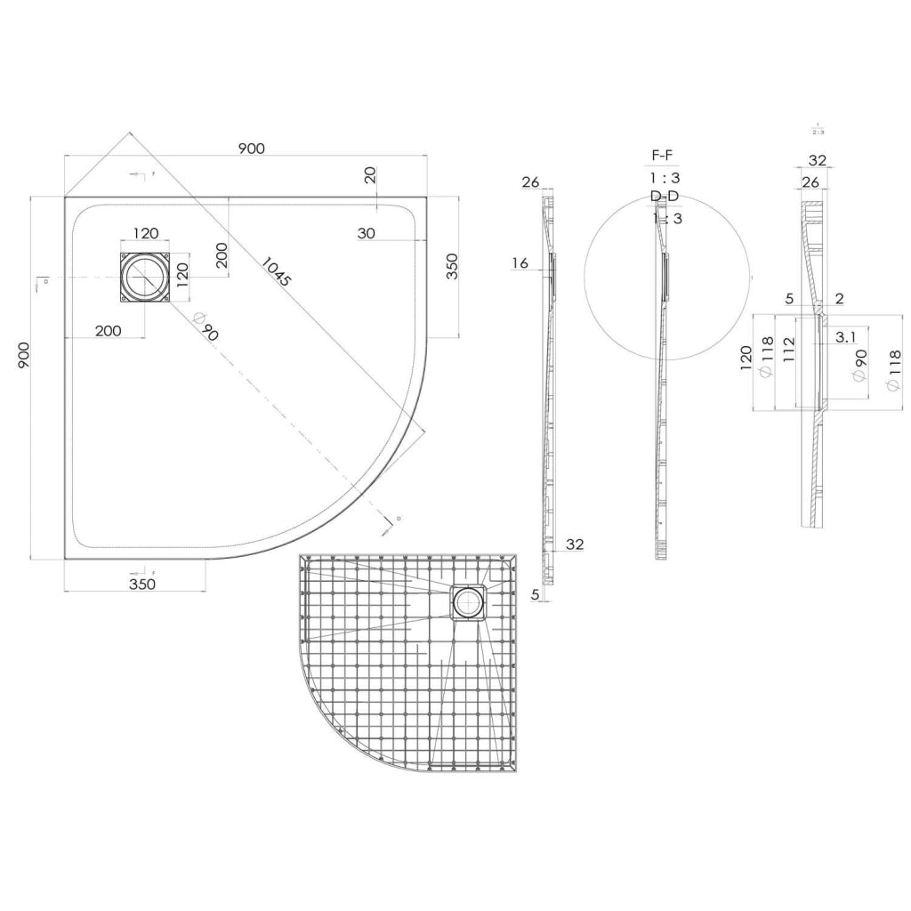 Piatto Doccia Semicircolare 90x90 cm in Acrilico Fosterberg Azalea 4 Bianco