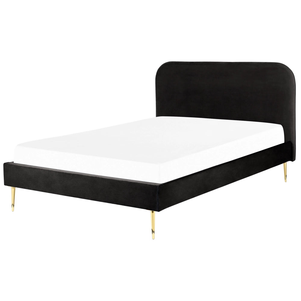 Letto nero velluto tappezzeria doppia dimensione gambe dorate testiera con rete a doghe 140 x 200 cm design minimalista