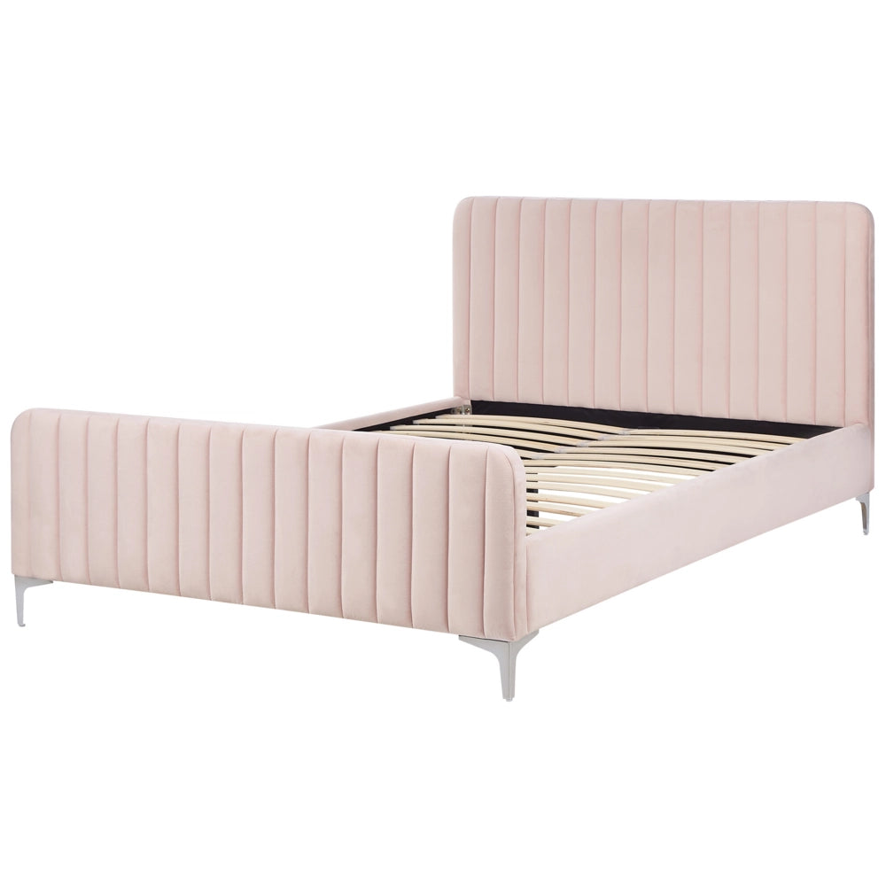 Letto in velluto rosa pastello UE Matrimoniale 140 x 200 cm Testiera Imbottita con Gambe in metallo Design moderno