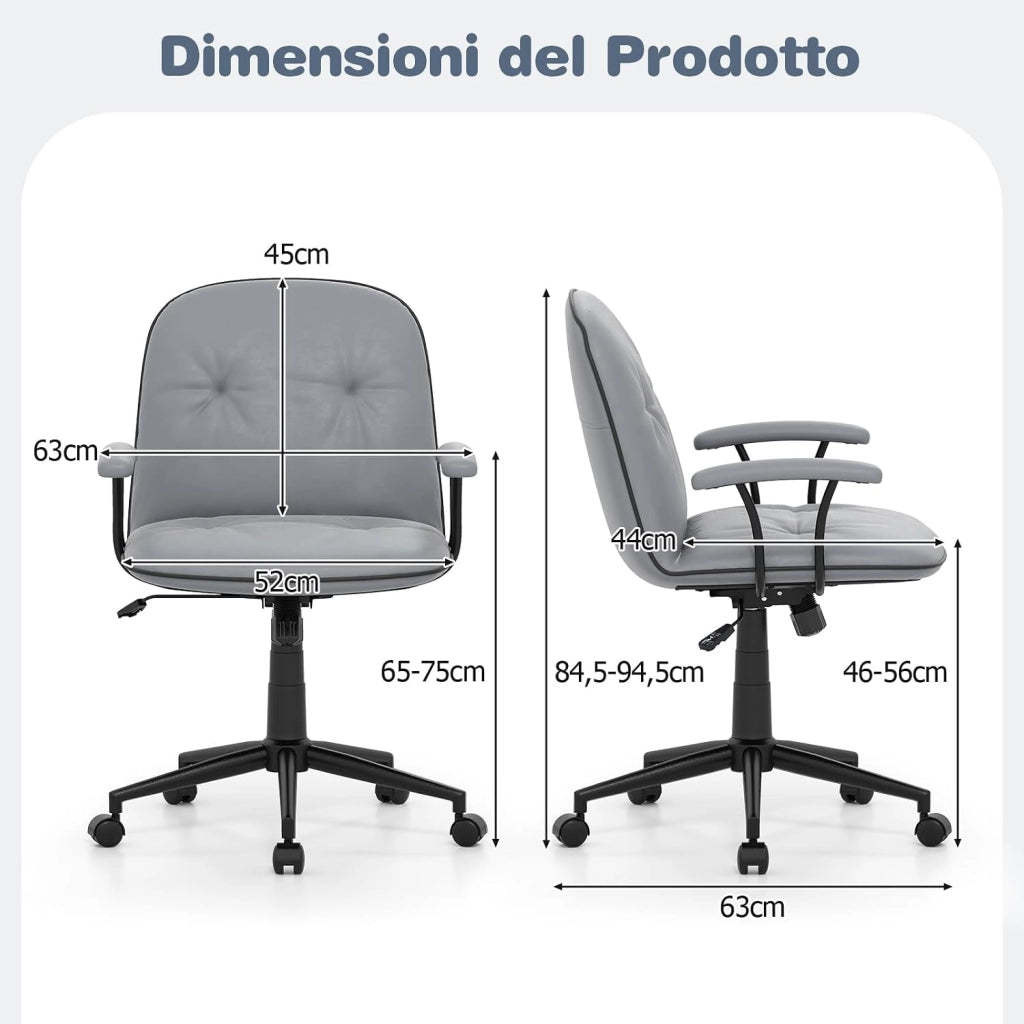 Sedia Ufficio Ergonomica con Altezza Regolabile, Poltrona Scrivania Girevole, Sedia con Braccioli Imbottiti e Ruote, Funzione Dondolo, per Ufficio Scrivania Studio (Grigio)