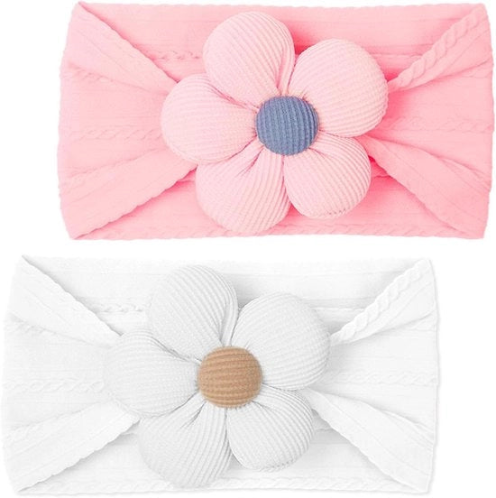 Due fascette per capelli per neonati femmine - fascette morbide per bambini e bambine (rosa e bianco)