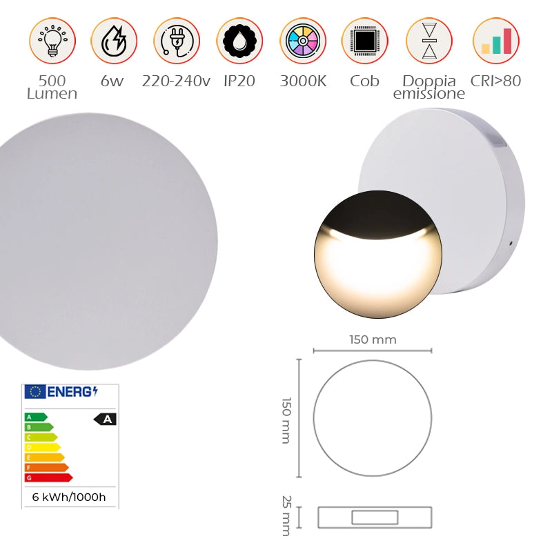 APPLIQUE LED SLIM TONDA 6W LUCE CALDA - DOPPIA EMISSIONE UP AND DOWN IDEALE PER ARREDI CONTEMPORANEI
