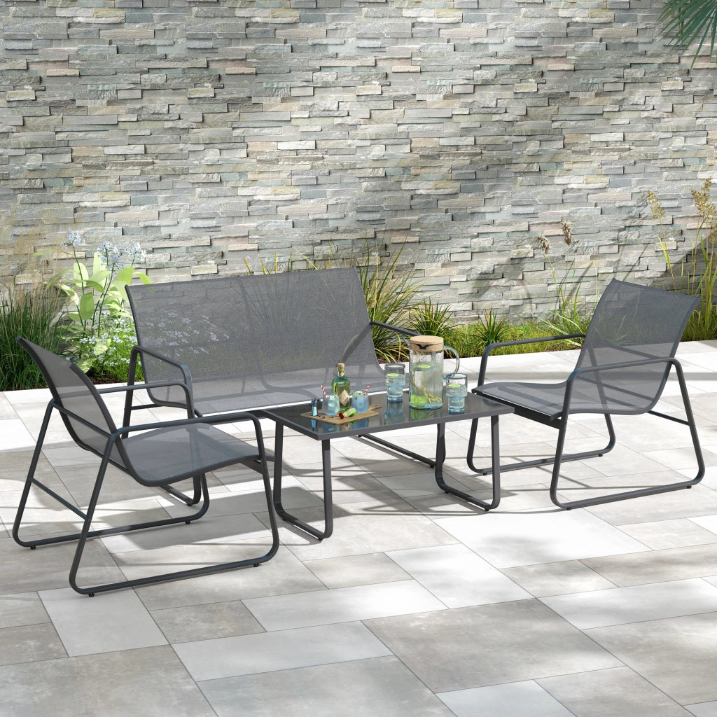 Set da Esterno 4pz con Tavolino da Caff¨¨, Panchina 2 Posti e 2 Sedie, in Metallo e Texteline Grigio Chiaro