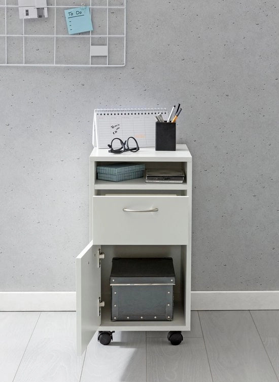 Contenitore a Ruote - Cassetto di Carico Mobiliabile - Contenitore per Ufficio con Porta - Piccolo Cassetto per Ufficio su Ruote - Bianco - 33x63x38 cm