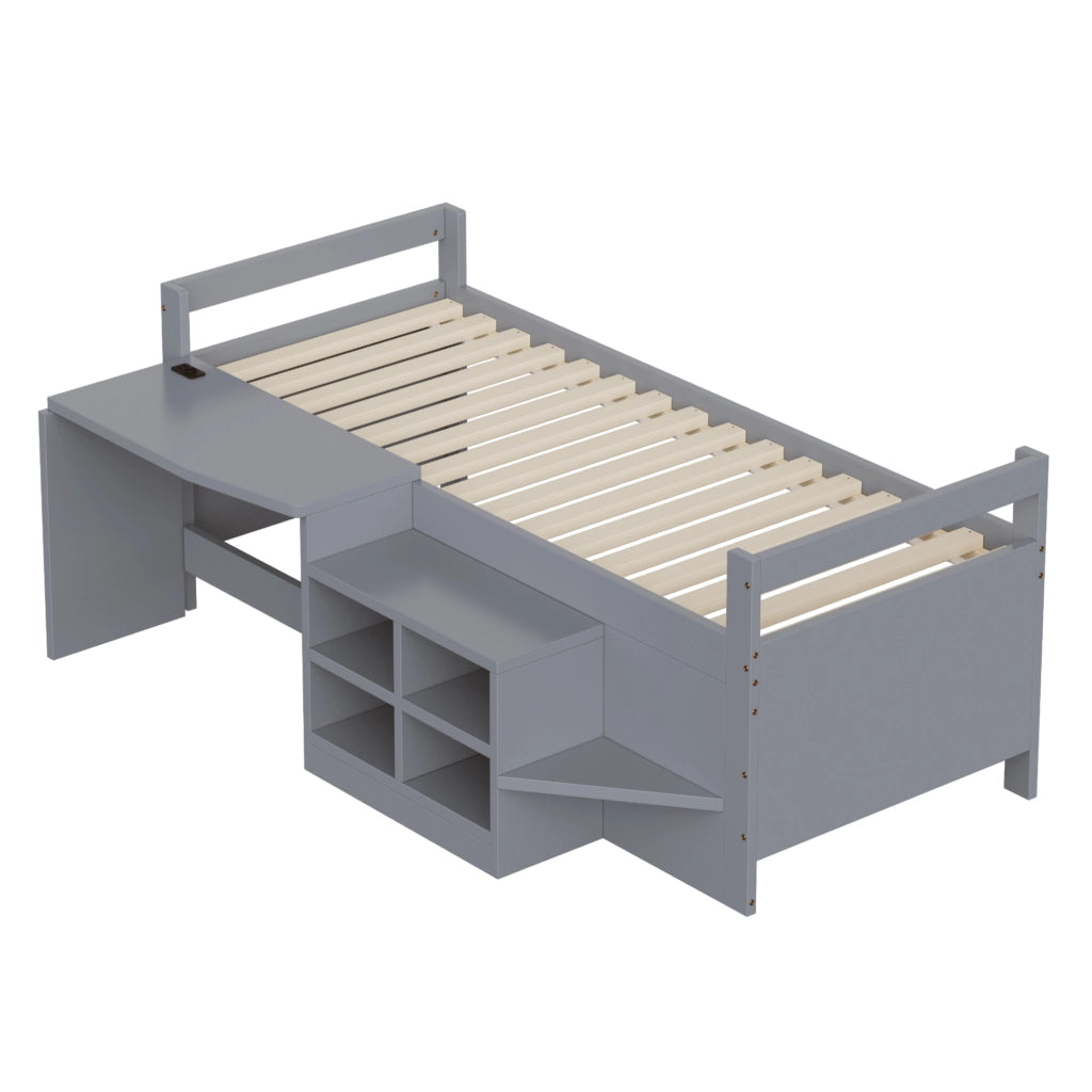 Letto a soppalco ULEVR 90x200 cm con scrivania, vani contenitore, 2 USB e presa, grigio