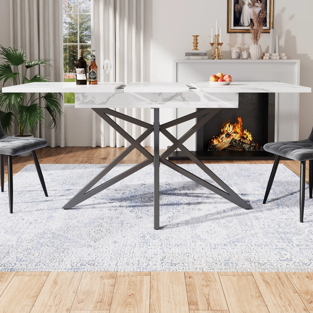 Tavolo da pranzo allungabile con 4 sedie, piano in MDF effetto marmo, per cucina e sala da pranzo, bianco