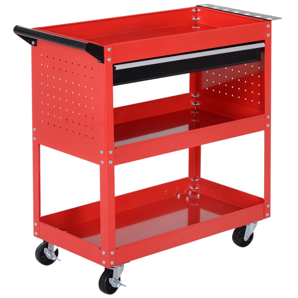 Carrello portautensili in acciaio rosso a 3 ripiani con ruote