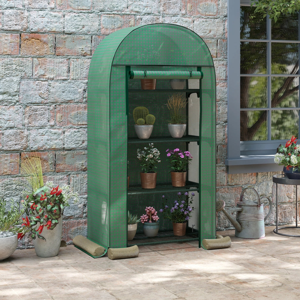 Serra da Giardino con Ripiani in Metallo, Copertura in PE e Porta Avvolgibile 80x49x160cm, Verde