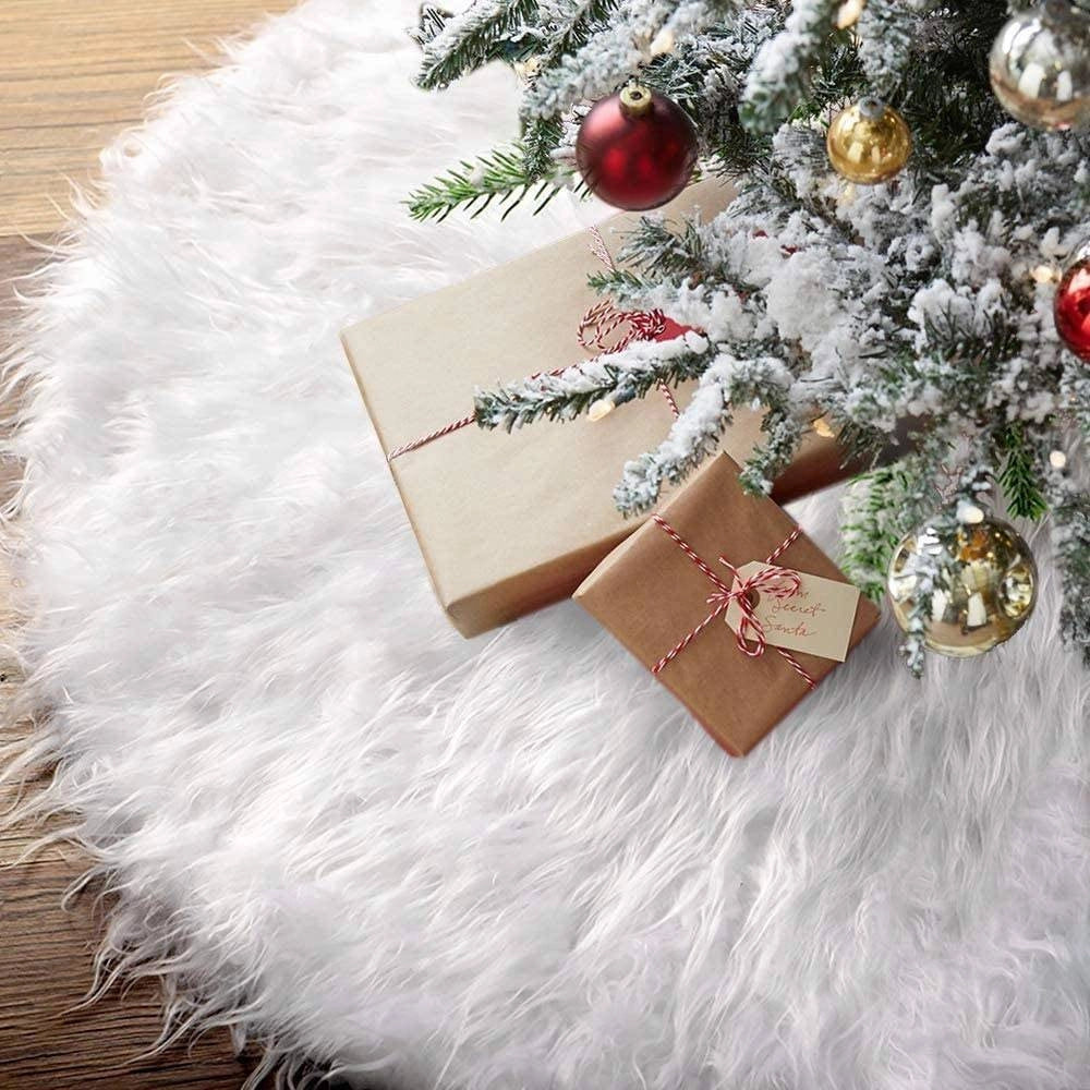 Trade Shop - Tappeto Gonna Copertura Base Albero Di Natale 78cm Peluche Bianco Effetto Neve -