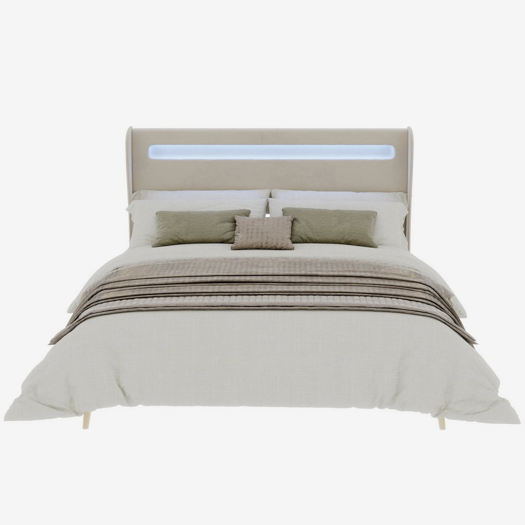 Letto Matrimoniale 160x200 cm con LED Regolabile e Schienale Regolabile in Tessuto Beige