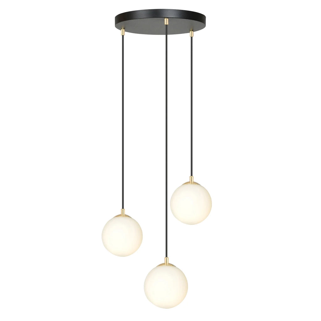 Sospensione Contemporanea Nuada 3 Luci In Acciaio Nero/Oro Sfere Vetro Bianco