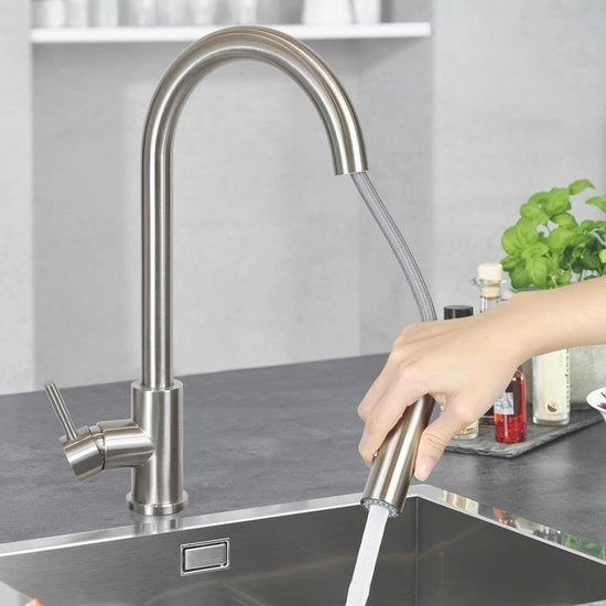 Cucina ad alta pressione con spruzzatore - estraibile e 360° girevole - 2 tipi di getto - acciaio inossidabile