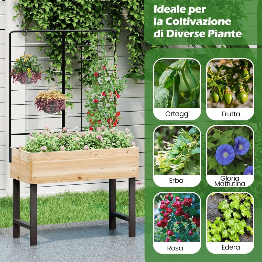 Letto da Giardino Rialzato con Traliccio in Metallo e Drenaggio, Fioriera in Legno Sopraelevata per Piante Rampicanti, Fioriera da Interno ed Esterno per Patio, Balcone e Cortile