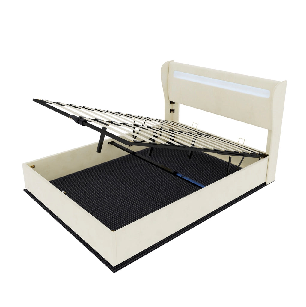 Letto imbottito con LED e testiera regolabile 140x200 cm beige