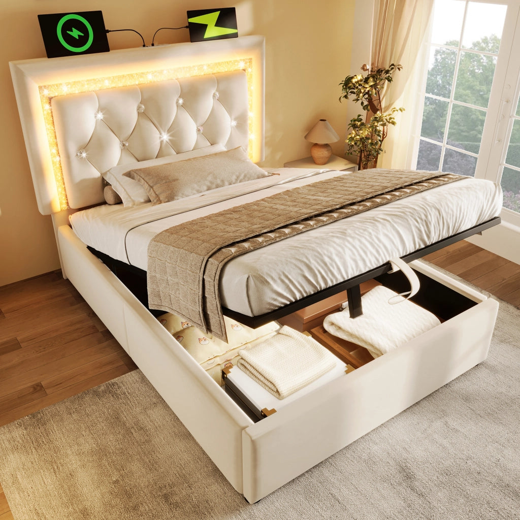 Letto imbottito idraulico con LED e USB 90x200 cm velluto beige
