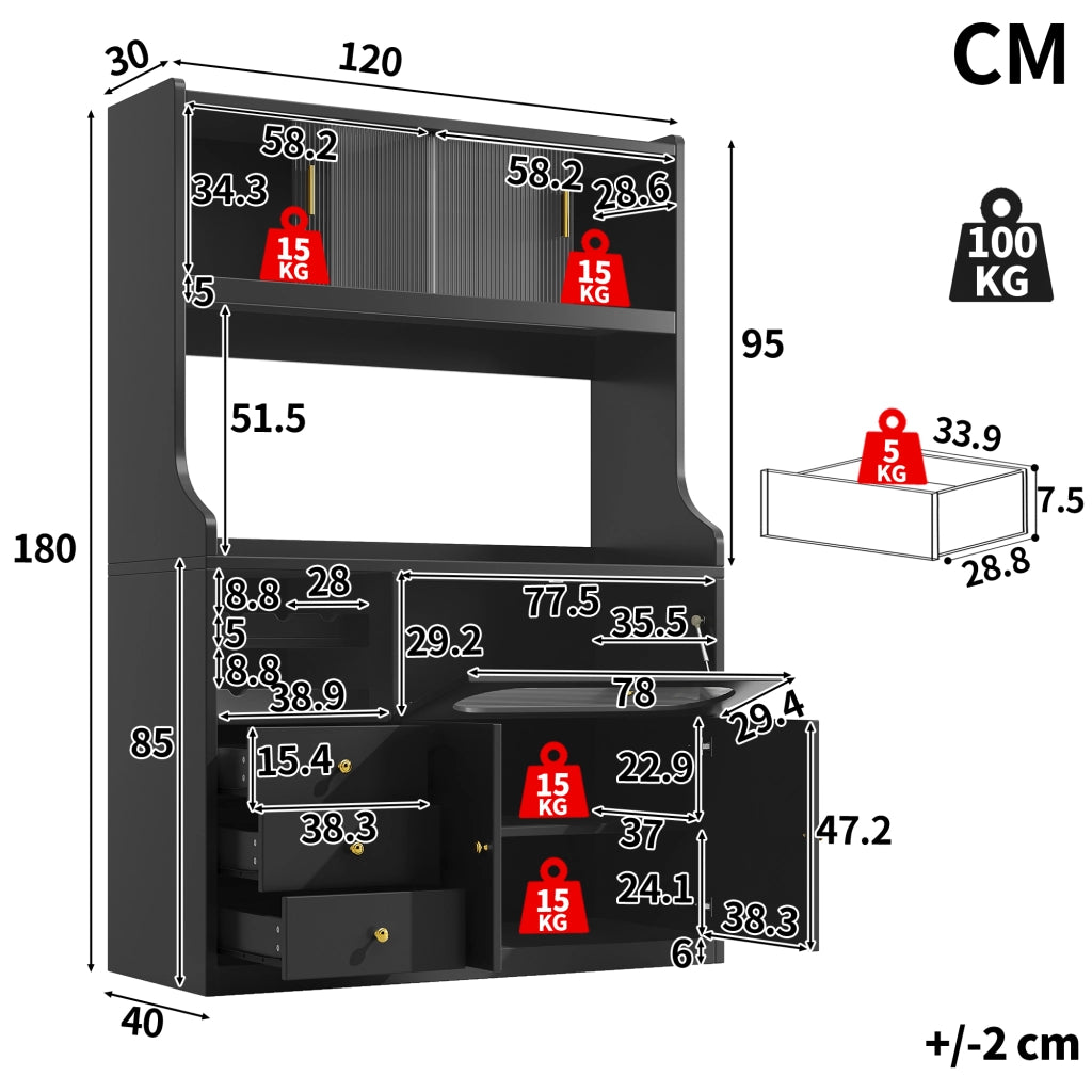 Credenza alta con vetrina, 3 cassetti, portabottiglie e ante a ribalta, per cucina e pranzo, nero, 120 × 40 × 180 cm