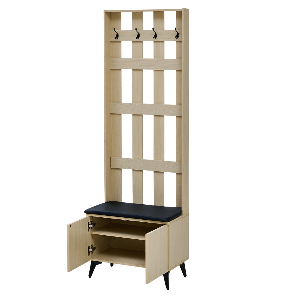 Appendiabiti da ingresso con panca e 4 ganci, struttura in MDF effetto legno, base in acciaio nero
