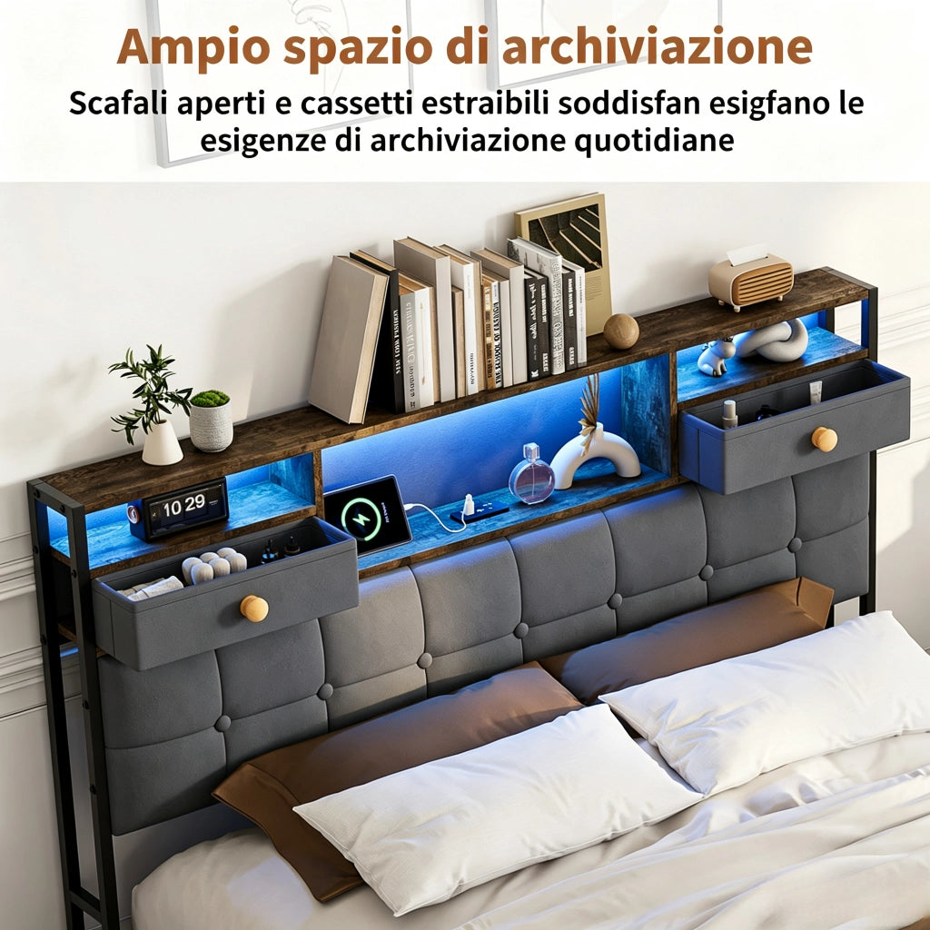 Letto una piazza e mezza 140x200 cm con contenitore LED USB Type-C testiera rete a doghe velluto metallo - grigio