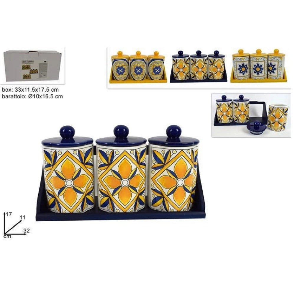 Trade Shop - Tris Barattoli Set 3 Pz Barattoli Con Supporto Ceramica Decoro Fantasia Maiolica -