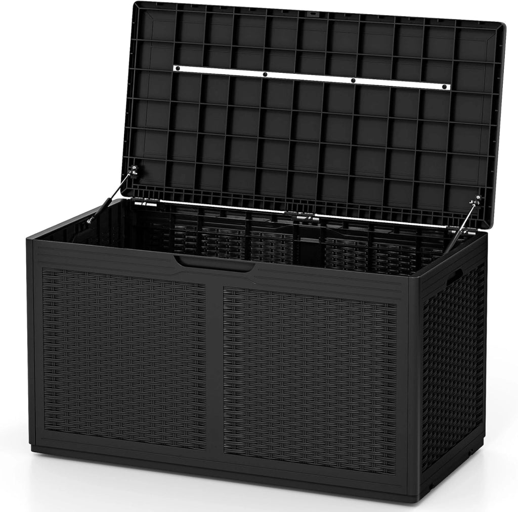 Scatola da giardino da 380 l, impermeabile, con coperchio e 2 ruote, per balcone, terrazza e cortile, 111 x 56 x 61 cm (nero)