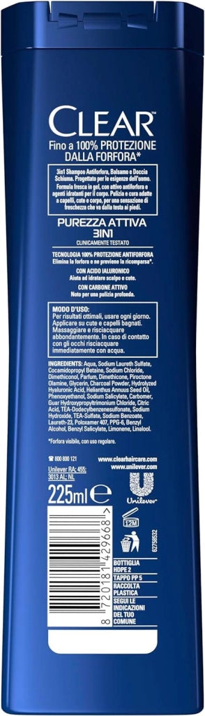 CLEAR SHAMPOO ANTIFORFORA CON CARBONE ATTIVO E ACIDO IALURONICO 225ML 3IN1 PUREZZA ATTIVA OKY