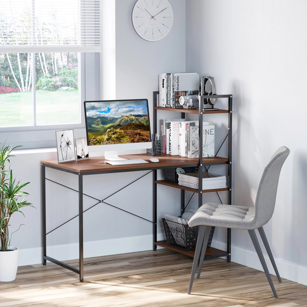 Scrivania angolare con libreria ¨C Zephmum ¨C Legno noce e metallo nero 90x50x75 cm