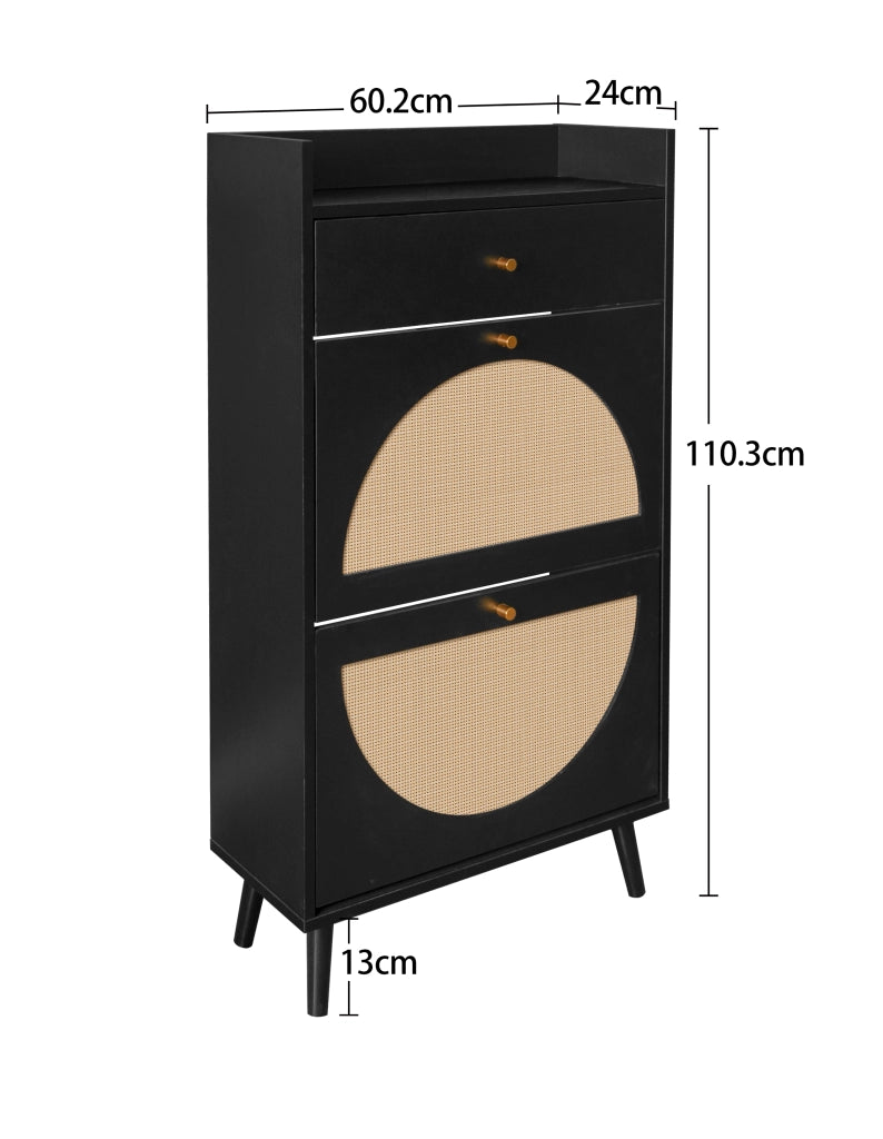 Scarpiera con 2 ante e 1 cassetto con doppio ripiano per ingresso in pannello truciolare nera 60 × 53,8 × 106,7 cm