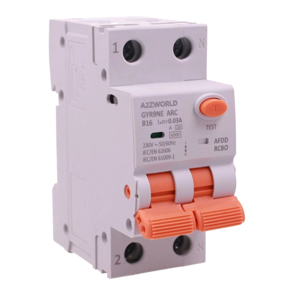 A2ZWORLD AFDD RCBO Interruttore Antincendio, Magnetotermico Differenziale con Rilevamento di Arco Elettrico, Tipo A Curva B, 1P+N 2M 6000A 30mA, AC 220V Doppia Leva GYR9NE-ARC (B16A)